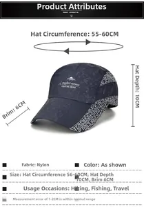 Tableau des tailles pour casquette nylon respirante avec circonférence de 56-60 cm