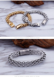 Detail of woven stainless steel men's bracelets in gold and silver with magnetic clasp
