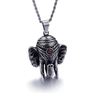 Vintage Elephant Head Pendant Necklace Stainless Steel Red Rhinestone Punk Gothic Animal Jewelry For Men