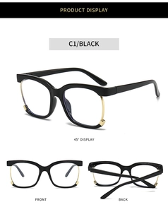 Detailed multi-angle product display of black and gold blue light blocking glasses frames