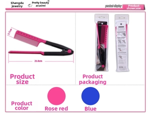 Detailed view of pink and blue V-shaped hair straightening combs with size and packaging info