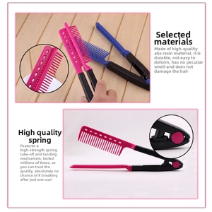 Detail of V-shaped hair straightener brush with durable spring and ergonomic anti-slip handle