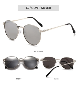 Detailed views of retro silver oval metal sunglasses with spring hinges and gray lenses