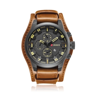 CURREN men's quartz watch with brown leather wide band and black chronograph dial