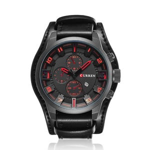 CURREN men's black leather watch featuring a large dial with red markers and date display