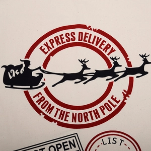 Detailed macro shot of vintage North Pole express postmark print on canvas gift bag