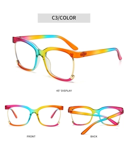 Rainbow gradient semi-rimless glasses frame with gold metal trim and three viewing angles