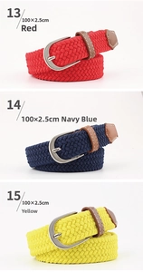 Detailed set of 100x2.5cm elastic braided belts in red, navy blue, and yellow colors