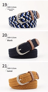 Detailed view of woven elastic belts in black-blue, black, and camel with metal buckles