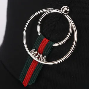 Detailed macro view of the metal double rings and striped MIM ribbon on a black cap