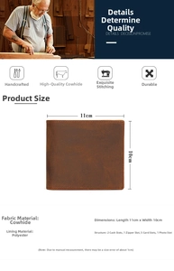 Detail view of brown crazy horse leather wallet showing dimensions and internal compartments