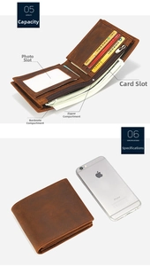 Detail of crazy horse leather wallet with card slots and zipper pocket shown next to phone