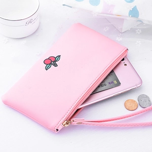 Pink PU leather cartoon clutch bag with cherry embroidery and wrist strap for phone