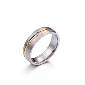 Stainless steel three-diamond ring with two-tone gold-silver plating and brushed finish
