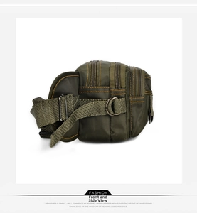 Dettaglio marsupio in nylon verde militare con cuciture arancioni e anello a D