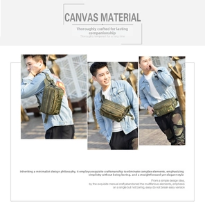 Dettagli del marsupio in tela verde militare con design multitasche e tracolla regolabile
