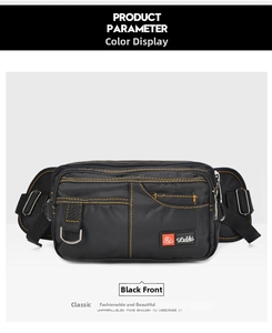 Vista frontale del marsupio nero impermeabile con cuciture arancioni e tasche a zip