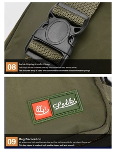 Dettaglio del marsupio in nylon verde militare con fibbia resistente e logo Lslk in gomma