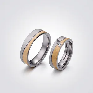 Two Tone Brushed Stainless Steel Rings Couple Promise Band With Cubic Zirconia Titanium Jewelry For Men And Women