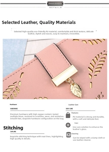 Detail of pink PU leather wallet featuring hollow leaf design and gold metal pendant charms