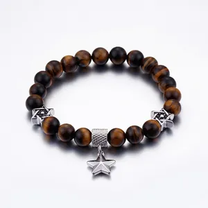 Tiger Eye Stone Beaded Bracelet Stainless Steel Pentagram Hexagram Star Charm Retro Ethnic Style Unisex