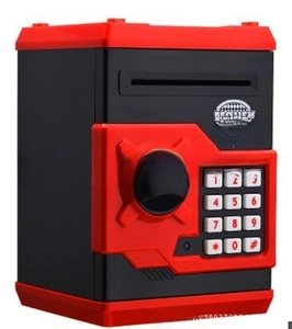 Close-up of money safe bank with electronic keypad and red-black finish on white background