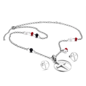 Silver necklace and earring set with colorful beads and hollow cross circle pendants