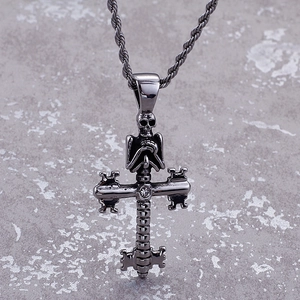 Gothic stainless steel skull and cross pendant necklace with sparkling crystal inlay