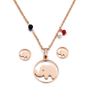 Parure de bijoux éléphant en or rose avec collier, boucles d'oreilles et perles