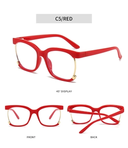 Detail view of red and gold glasses frame C5 model with front and side display perspectives
