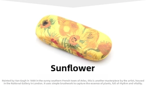 Detailed texture of fabric hard shell glasses case featuring Van Gogh Sunflower painting