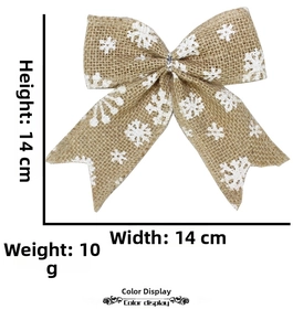 Detail view of 14x14cm red burlap Christmas bow with white snowflake pattern and silver center