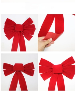 Detailed four-grid view of a large red velvet Christmas bow decoration with long ribbons