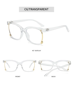 Multiple views of transparent square blue light glasses with gold metal accents