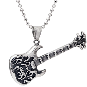Vintage Stainless Steel Electric Guitar Pendant Necklace For Men Women Punk Rock Flame Pattern Musical Instrument Jewelry