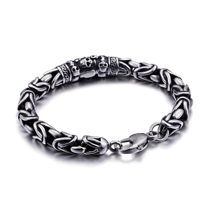 Retro titanium steel men's Byzantine skull bracelet with vintage oxidized silver finish