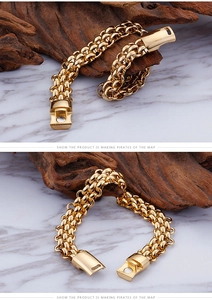 Detail of gold braided stainless steel bracelet with square magnetic clasp and interlocking links