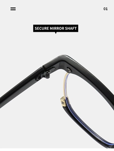 Macro shot of secure metal mirror shaft hinge on stylish black anti-blue light glasses