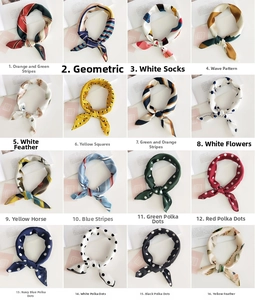 Detailed grid showing 16 various colorful printed silk neckerchiefs with unique patterns