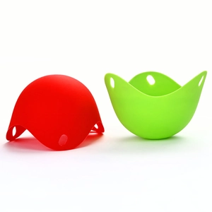 Red and green food-grade silicone egg poachers shown from multiple angles on white background