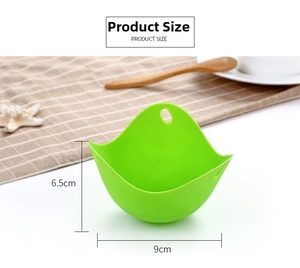 Macro detail of a bright green silicone egg poacher with 9cm width and 6.5cm height dimensions