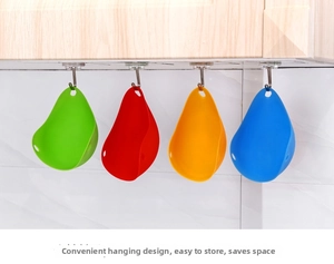 Hanging silicone egg poachers in four colors showing storage hooks and space-saving design
