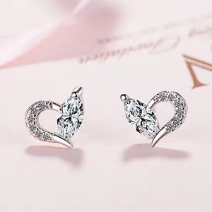 Elegant heart-shaped marquise-cut zircon stud earrings in polished silver finish