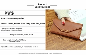 Size guide for Korean long wallet showing dimensions 19x9.5x1.5cm and storage capacity