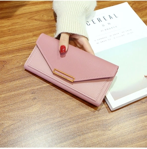 Pink lychee texture leather long envelope wallet with golden metal bar and stitching