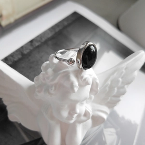 925 sterling silver punk style ring with black agate stone and adjustable open band