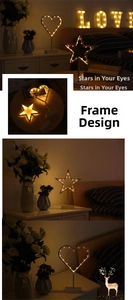 Star and heart-shaped metal frame night lights with warm yellow LED string lights inside