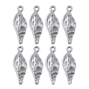 Detailed view of eight silver conch shell pendants with textured metal finish and hanging loops