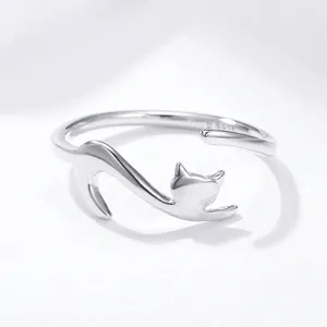 Cute S925 sterling silver minimalist cat shaped open ring with adjustable design