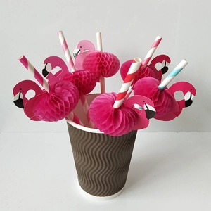 Colorful striped flamingo paper straws with 3D honeycomb decoration in a paper cup